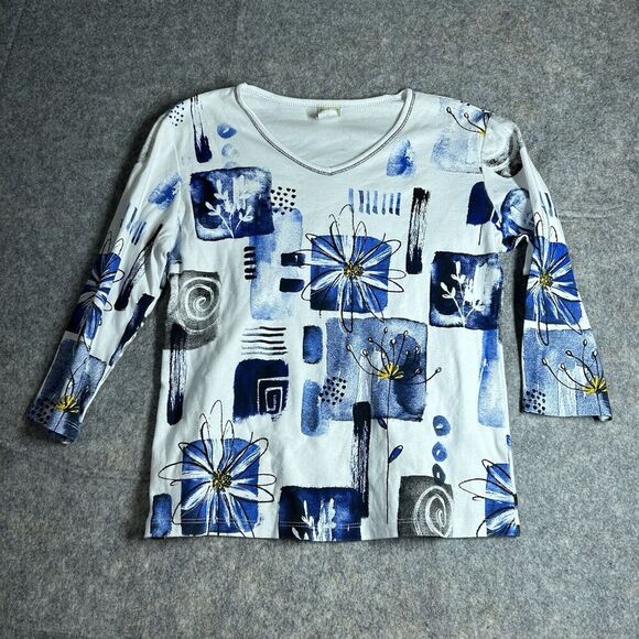 Jess & Jane Top Womens Medium Lily Abstract Floral Print 3/4 Sleeve Cotton - Picture 1 of 8